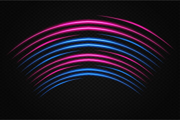 Pink and blue glowing arcs. Abstract light streaks, luminous curved lines, dynamic motion, neon effect, futuristic, energy, vibrant glow, optical flares.