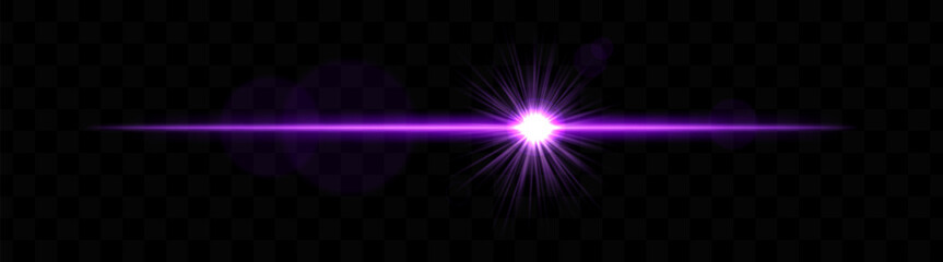 Bright purple horizontal light flare with lens effect. Shining burst, luminous beam, optical flash, glowing streak, radiant glow, transparency.