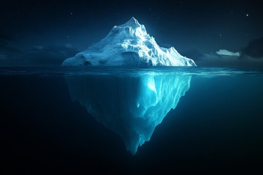 Majestic iceberg floating serenely in dark ocean waters under starry night sky