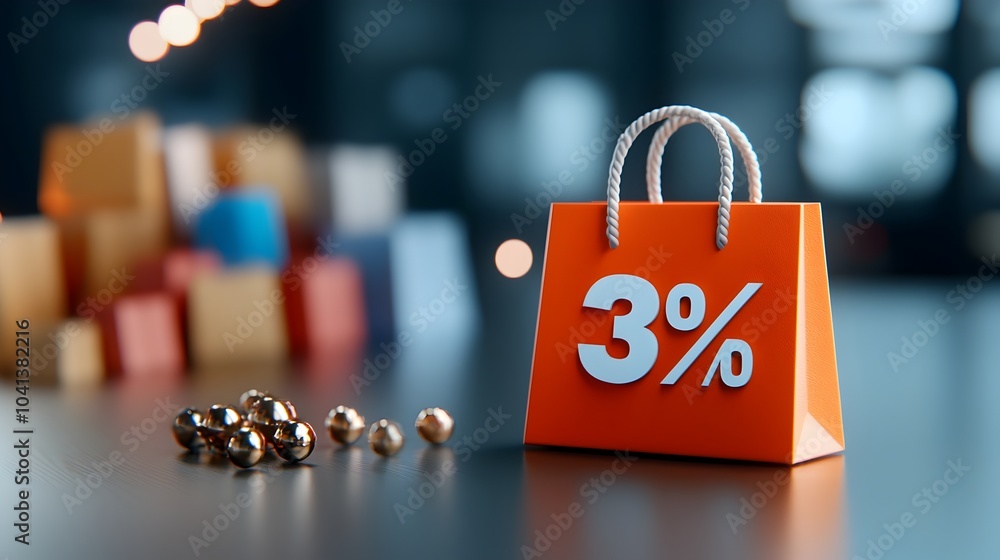 Poster glowing 3d percent icon with floating shopping bags streaks of neon lightning illuminating the dark 