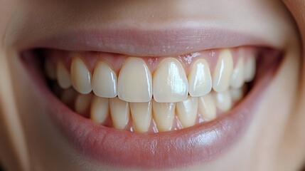 Fototapeta premium Visual time-lapse of the teeth whitening process, featuring a slow transformation from yellowed, stained teeth to a brilliantly white smile after each session