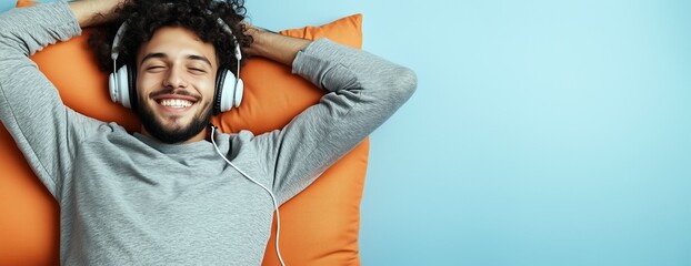 Un jeune homme avec une barbe, allongé sur un oreiller orange, écoutant de la musique avec un casque, souriant et heureux, fond bleu en arrière-plan, image avec espace pour texte.
