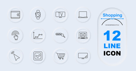 Shopping set icon. Wallet, smartwatch, TV, laptop, touchscreen, graph, internet search, monitor, email, cart, TV display, statistics. Online shopping, retail tech, digital market tools.