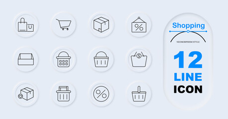 Shopping set icon. Shopping bag, cart, box, discount tag, empty box, basket, price tag, percentage, loved item, checkout. Retail icons, online shopping, e-commerce tools.