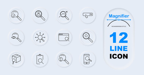 Magnifier set icon. Verified, user, data analysis, bar, eye scan, network, web, magnifying glass, box search, report analysis, information search, mobile search