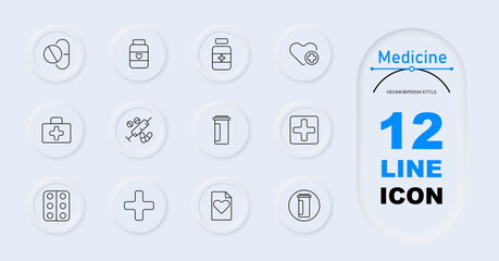 Medicine set icon. Pill, heart label bottle, cross label bottle, heart and cross, first aid kit, syringe with pills, medicine bottle, medical cross, pill pack, medical cross, prescription with heart