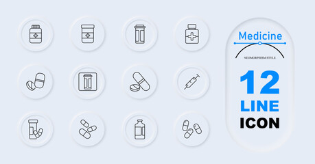 Medicine set icon. Prescription bottle, cross label container, medication jar, pills, tablets, syringe, capsules, drug bottle, capsules in hand, liquid medicine. Medical supplies, pharmaceuticals