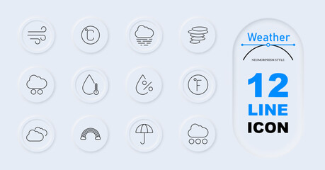 Weather icon. Wind, temperature circle, cloud with fog, whirlwind, raincloud, raindrop with thermometer, humidity, temperature in Fahrenheit, clouds, rainbow, umbrella, raindrops. Weather conditions