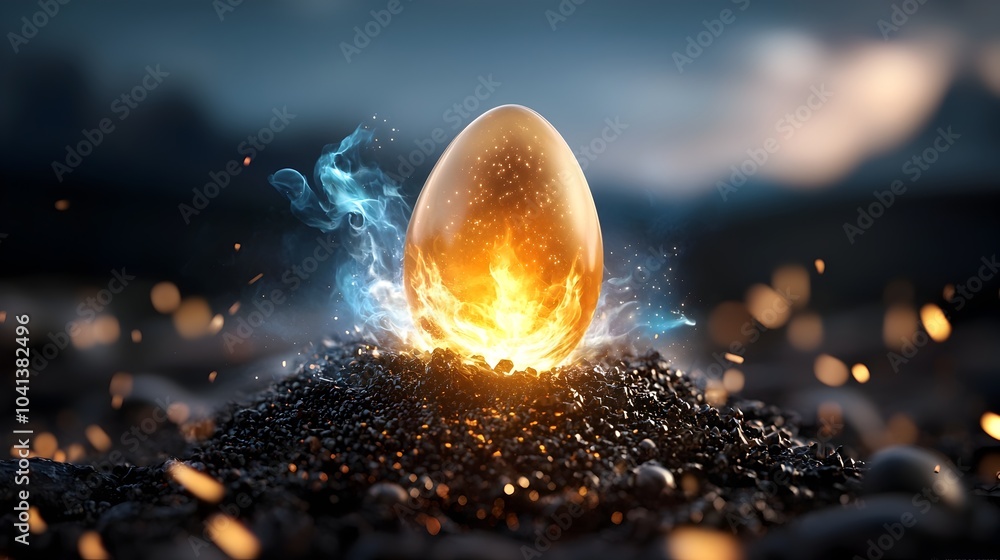 Poster captivating digital showcasing a mesmerizing glowing phoenix egg surrounded by swirling blue flames 