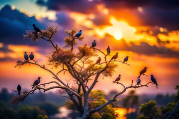 Fototapeta premium Beautiful Tilt-Shift Photography of Birds Perched on Tree Silhouettes at Sunset, Capturing Nature's Serenity and Tranquility with Stunning Depth of Field Effects and Vivid Colors