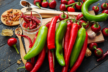 Red and green Hot chili pepper composition, spicy organic paprika and different seasonings background