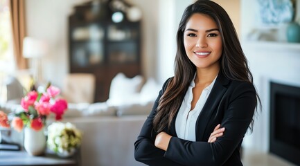 Portrait d'une jeune et séduisante femme agent immobilière latino-américaine, âgée de 25 ans,...