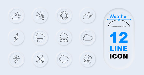 Weather set icon. Sun with cloud, sun and thermometer, gear sun, moon with clouds, lightning, heavy rain, three raindrops, snowflake, sunrise, snow with clouds, thunderstorm. Weather forecast