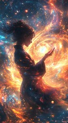 Naklejka premium A mystical anime girl summoning a spell, glowing orbs of light spinning around her hands, vibrant magical energy swirling in the air, her robes and hair flowing as the spell intensifies,