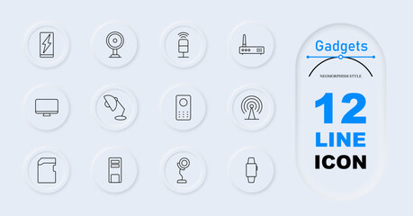 Gadgets set icon. Power bank, smartwatch, desktop computer, touchscreen, pointing hand, processor chip, smartwatch, home speaker, smartphone, wireless charger. Electronics, modern gadgets