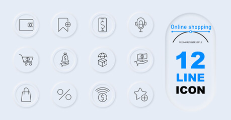 Online shopping set icon. Wallet, bookmark, mobile payment, microphone, shopping cart, money bag, box, umbrella package, dollar hand. E-commerce, financial transaction, delivery, product protection
