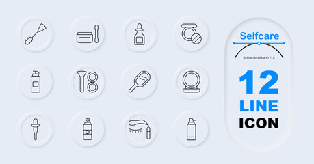 Selfcare set icon. Facial brush, makeup case, dropper bottle, compact powder, lotion bottle, beauty kit, handheld mirror, face compact, brow pencil, spray bottle, pump bottle. Skincare and beauty tool