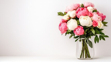 Naklejka premium A vibrant bouquet of pink and white peonies in a clear vase against a minimalist backdrop.