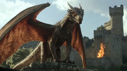 Naklejka premium A dragon atop an ancient castle exhaling a stream of fire