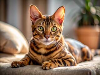Fototapeta premium Bengal Cat Candid Photography - Adorable Bengal Cat Lies and Looks at Camera in Cozy Indoor Setting, Capturing its Unique Spots and Playful Expression in Natural Light
