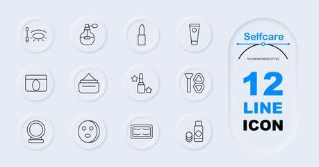 Selfcare icon. Mascara wand, perfume bottle, lipstick, face cream, moisturizer jar, stars on lipstick, beauty kit, mirror, facial mask, under-eye patches, skincare bottle. Beauty skincare essentials