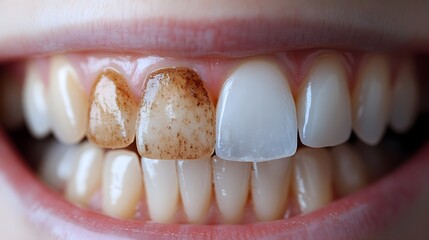 Photograph a close-up of teeth before and after a dental cleaning, emphasizing the removal of stains and plaque
