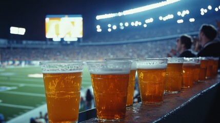 A football stadium scene with beer cups lining the seats