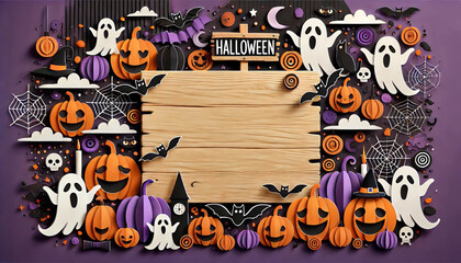 Fototapeta premium Halloween-Themed Background with Pumpkins, Ghosts, Bats, and Wooden Sign.