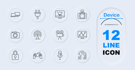 Device set icon. Camera, video camera, power plug, shopping cart, gaming controller, microphone, fingerprint, lock, signal tower, chart.