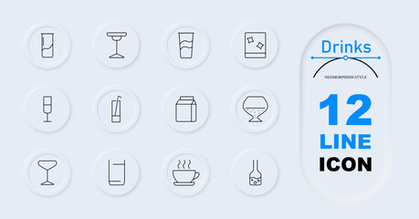 Drinks set icon. Wine glass, cocktail, coffee cup, juice box, champagne flute, milk carton, soda cup, tea cup, glass with ice.