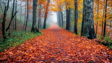 Naklejka premium Foggy Autumn Path with Colorful Leaves in Forest