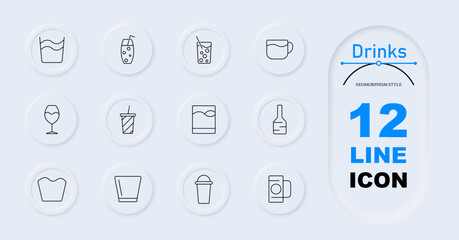 Drinks set icon. Mixed drinks, wine glass, milkshake cup, soda cup, bottle, beer mug, cocktail glass, tumbler, whiskey glass, cup, drink container.