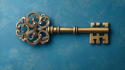 Ornate Gold Key Against Blue Surface