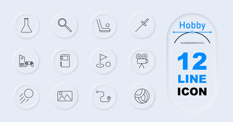 Hobby set icon. Flask, magnifying glass, hockey stick, fencing sword, game controller, notebook, golf flag, camera, sun, landscape, location, volleyball