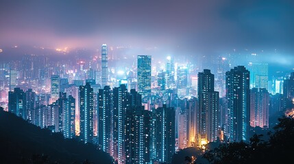 Obraz premium Foggy Evening Scene with Illuminated Skyscrapers