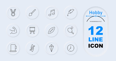 Hobby set icon. Medal, paintbrush, music note, feather, flexed arm, easel, football, ping pong paddle, coffee mug, kite, kayak, clock