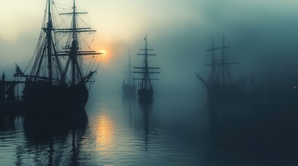 Foggy Harbor at Dusk with Ship Silhouettes