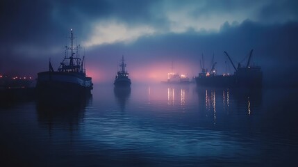 Fototapeta premium Foggy Harbor at Dusk with Ship Silhouettes