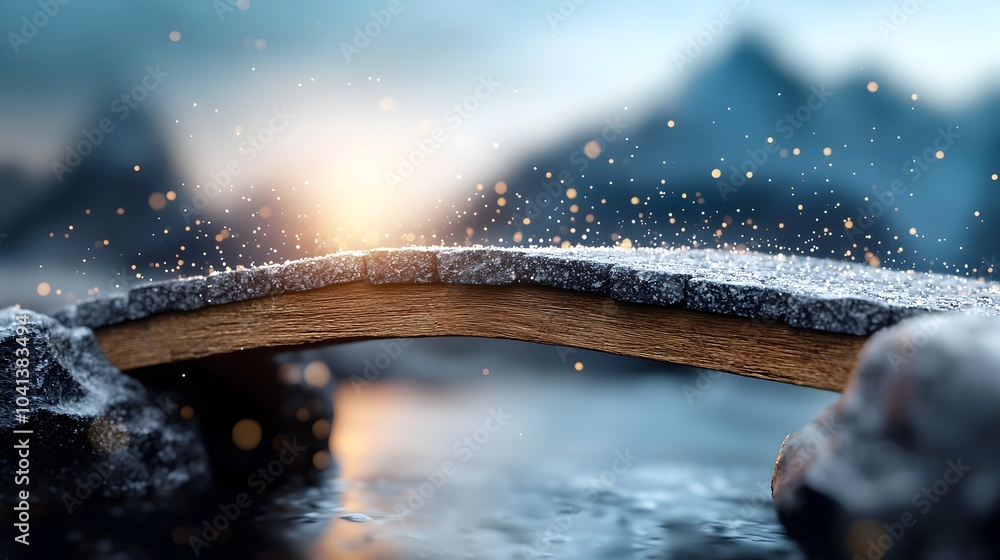 Poster mystical castle bridge glowing with soft blue light and sparkling dust floating through the air crea