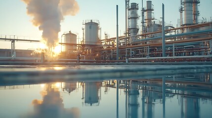Industrial power capturing the beauty of refineries at sunset with vibrant reflections and smoky skies