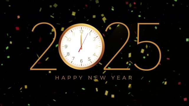 Check start of New Year 2025 with golden clock 2D animation