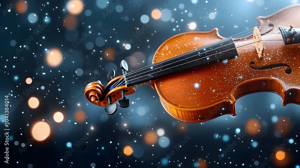 Poster stunning image of a violin glowing under mesmerizing blue light with magical sparkling effects risin