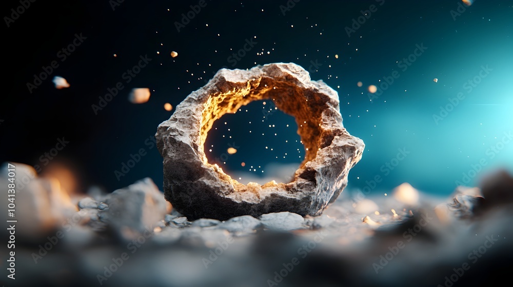 Poster mystical portal opening in a stone wall with blue light and sparkling particles streaming through cr