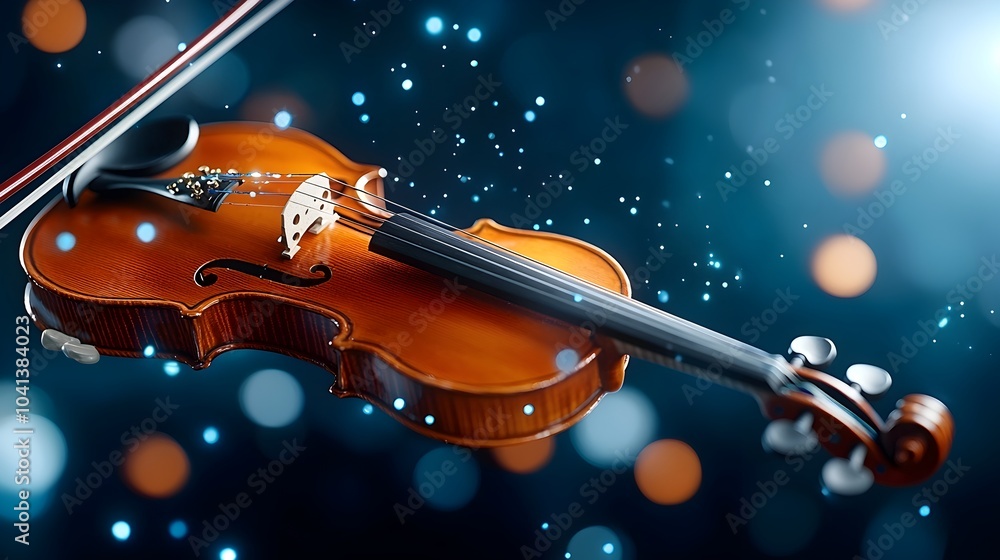 Poster a violin instrument glowing under a mesmerizing blue light with magical ethereal sparkles and energy