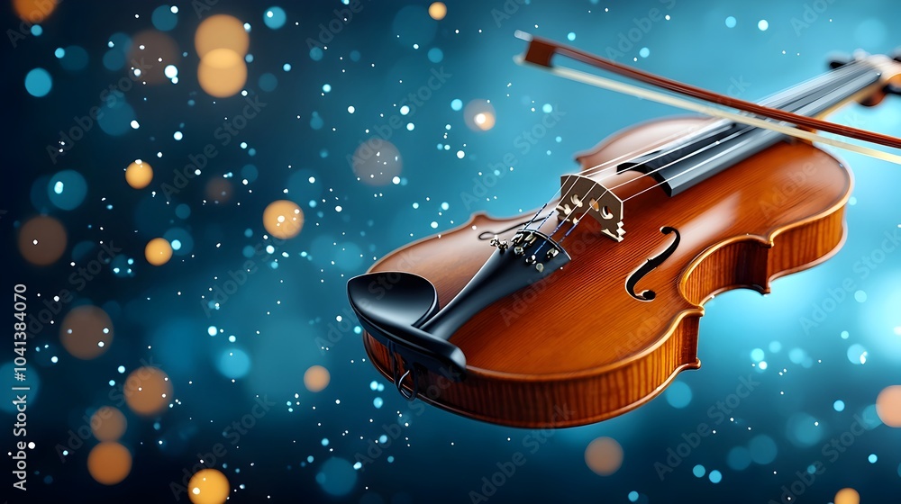 Poster mesmerizing digital of a violin glowing under a captivating blue light with magical sparkles rising 
