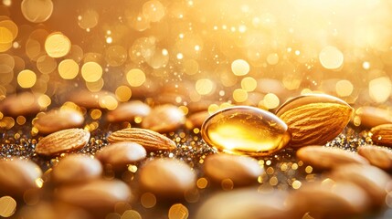 Aesthetic close-up of almond oil drops on peeled almonds, glowing under soft natural lighting, perfect for organic food or skincare advertising