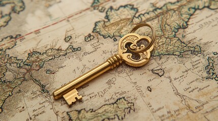 Antique Golden Key on Vintage Map Background