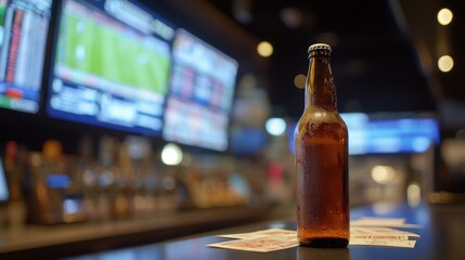 A lone bottle of beer on the counter of a bookmaker's kiosk, ready for a festive drink