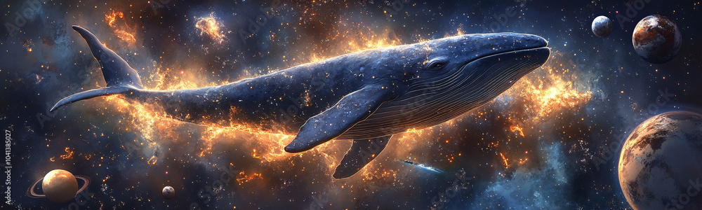 Poster a whale floating through space with planets orbiting around it, its body glowing with stardust