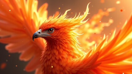 Obraz premium A majestic fiery bird with vibrant orange feathers soaring gracefully against a warm, glowing background, symbolizing power and rebirth in an enchanting fantasy realm